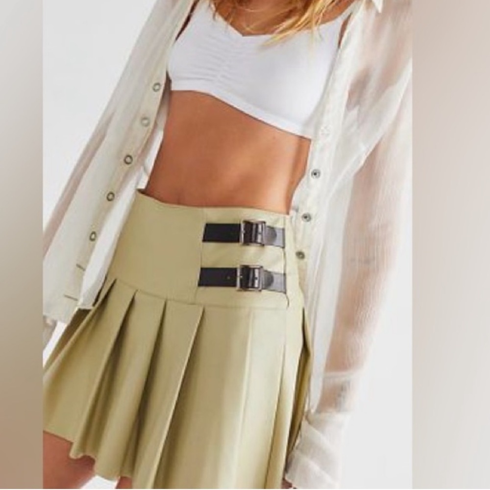 New Stylish Faux Leather Pleated Skirt with Buckle Accents size S